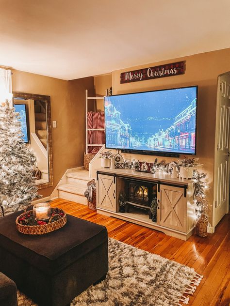 Christmas Decor 2021 Christmas Tv Walls, Tv Decoration Christmas, Christmas Decor Ideas For Living Room Entertainment Center, Farmhouse Christmas Tv Stand Decor, Christmas Decor Ideas For Living Room Apartment, Tv Entertainment Christmas Deckr, Icy Christmas, Christmas Living Room Decor Ideas, Fantasy Christmas