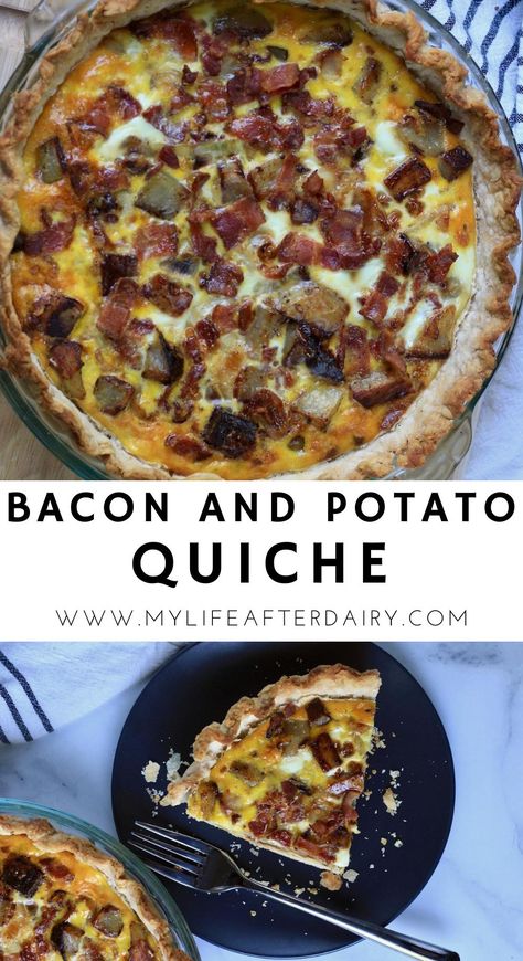 This loaded bacon and potato quiche is the ultimate breakfast recipe. Made with an herby, flaky pastry and filled with egg, potato, bacon, and onion this delicious quiche is a savory brunch just waiting to happen! Make this dairy free quiche for your next weekend breakfast or brunch! #quiche #breakfast #brunch #dairyfree #bacon Bacon And Potato Quiche, Quiche Brunch, Potato Quiche, Bacon Quiche Recipe, Breakfast Quiche Recipes, Bacon Quiche, Quiche Recipes Easy, Bacon Potato, Diner Recept