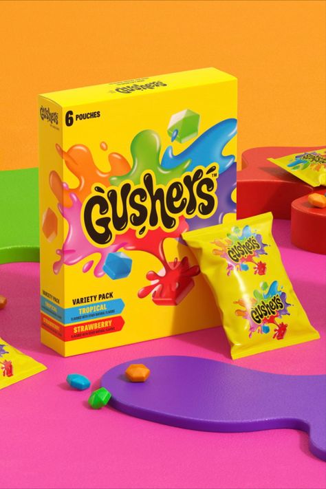 Led by Hamish Campbell and Matt Sia, General Mills has revamped its fruit snacks portfolio, comprising three cherished brands—Gushers, Fruit By The Foot, and Fruit Roll-Ups. Because each brand's demographic is the teenage crowd, the new packaging system seeks to connect to an entirely new generation of "the kids." Gummy Packaging, Kids Package Design, Tropical Halloween, Halloween Candy Alternatives, Fruit By The Foot, Childhood Snacks, Sweet Wrappers, Candy Alternatives, Snack Brands