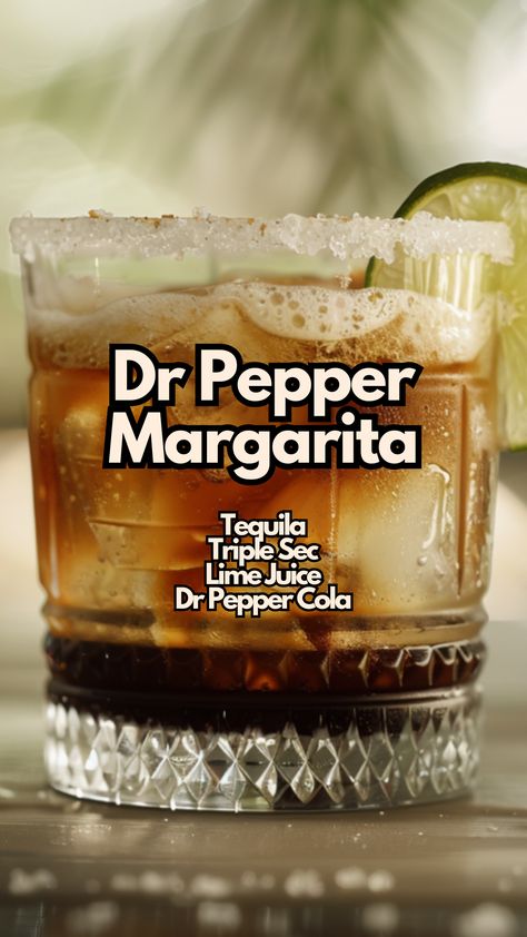 The Dr Pepper Margarita cocktail is a unique twist on the classic margarita, combining the tangy flavors of tequila, triple sec, and lime juice with the sweet, spiced taste of Dr. Pepper. This unexpected blend creates a refreshing and flavorful drink perfect for any occasion.  #drpeppermargarita via @mybartender Bartender Drinks Recipes, Fun Drinks Alcohol, Liquor Recipes, Tequila Margarita, Cocktail Drinks Alcoholic, Party Drinks Alcohol, Mixed Drinks Alcohol, Yummy Alcoholic Drinks, Liquor Drinks