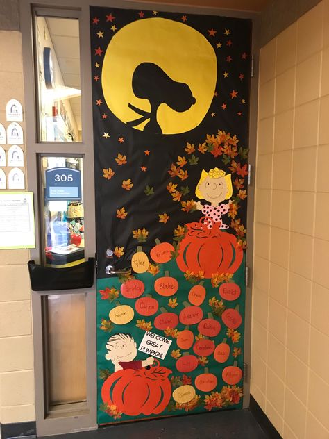 The Great Pumpkin Door Decoration, Charlie Brown Fall Classroom Door, Snoopy Halloween Classroom Door, Snoopy Fall Classroom Door, Fall Themed Door Decorations Classroom, Peanuts Door Decoration, Great Pumpkin Charlie Brown Classroom Door, The Great Pumpkin Charlie Brown Decor, Pumpkin Themed Classroom Door