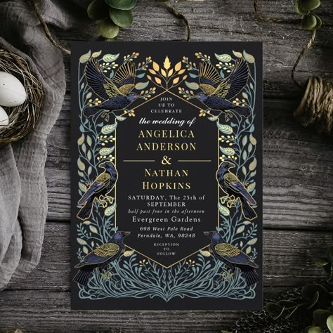 Enchanted Gothic Raven Floral Wedding Invitation Peacock Wedding Invitations, Gothic Wedding Theme, Dark Wedding Theme, Goth Wedding, Dark Wedding, Foil Invitations, Flower Invitation, Wedding Essentials, Gothic Wedding