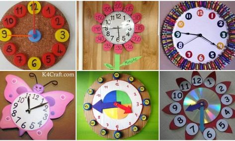 DIY Simple Clock Crafts To Tell Kids Time Clock Art And Craft For Preschool, Paper Clock For Kids, Working Clock Projects For Kids, Diy Wall Clock Ideas For Kids, Clock Making Ideas Kids, Unicorn Clock, Make A Clock, Clock Craft, Handmade Clocks