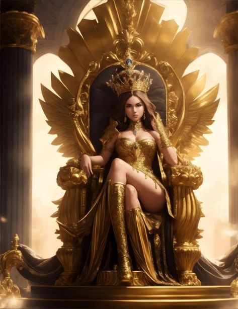 Regal Majesty: The Queen on the Gold - Neitangraph Golden Woman Art, Water Queen Art, Golden Queen Aesthetic, Person On Throne Reference, Gold Character Art, Woman On A Throne, Woman On Throne, Queen On A Throne, Warrior Queen Aesthetic