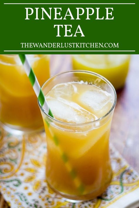 Refresh your senses with our Pineapple Tea – a delightful fusion of juicy pineapple, invigorating ginger, and cooling iced tea. It's the perfect summertime refresher! Pineapple Green Tea Recipe, Hot Fruit Tea Recipes, Pineapple Tea Recipe, Ginger Iced Tea Recipe, Pineapple Green Tea, Iced Tea Punch, Clean Drinks, Tea Recipes Loose Leaf, Ginger Iced Tea