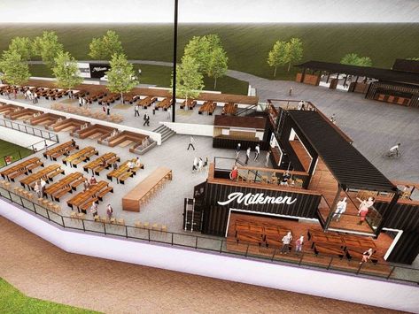 Milwaukee Milkmen introduce the Leinenkugel's Hop Yard for inaugural season Outdoor Foodcourt Design, Outdoor Sports Bar Ideas, Food Park Design, Food Court Design Outdoor, Caesar Bar, Community Park Design, Shipping Container Bar, City Parks Design, Sport Bar Design