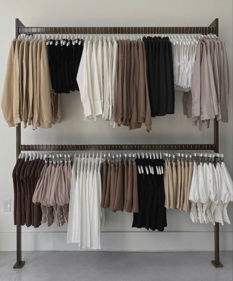 Beige Closet, Clothing Small Business, Small Clothing Business, Clothing Room, Beige Clothes, Neutral Closet, Dress Rack, Clothing Rack Bedroom, Dream Closet Design