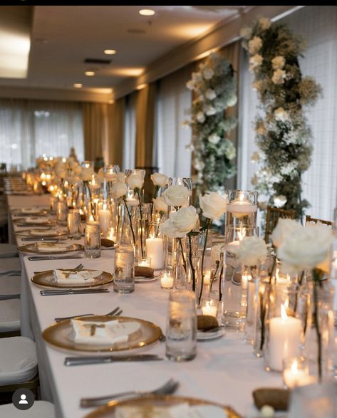 Long Table Decorations, White Rose Centerpieces, Long Table Centerpieces, Rose Centerpieces Wedding, Bud Vases Wedding, Bud Vases Arrangements, Lots Of Candles, Long Table Wedding, Wedding Candles Table