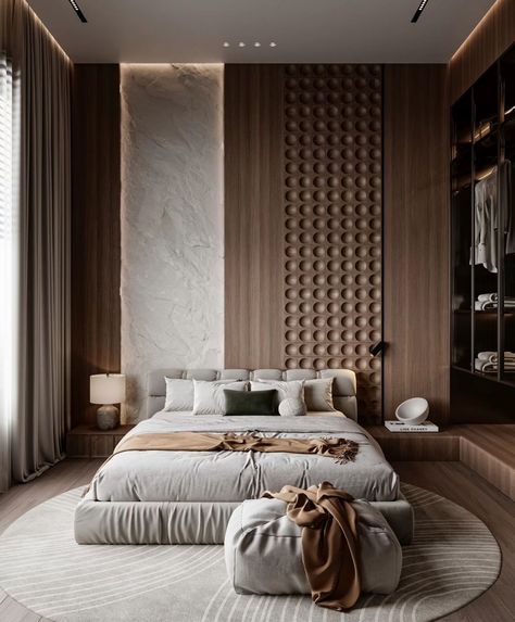 A serene guest bedroom suite, original textured plaster wall allowed to be glimpsed between the wall panelling. Glazed illuminated wardrobes. A special place to relax and sleep #studiodelahaye #luxuryrealestate #serene #wardrobedesign #bespokebedrooms #orginal #specialplace #guestbedroom #followformore #britishdesign #britishmade Lavish Bedroom, Textured Plaster, Design Your Bedroom, Luxury Bedroom Design, Wall Panelling, Architect Design House, Luxurious Bedroom, Modern Bedroom Design, Mirrored Furniture