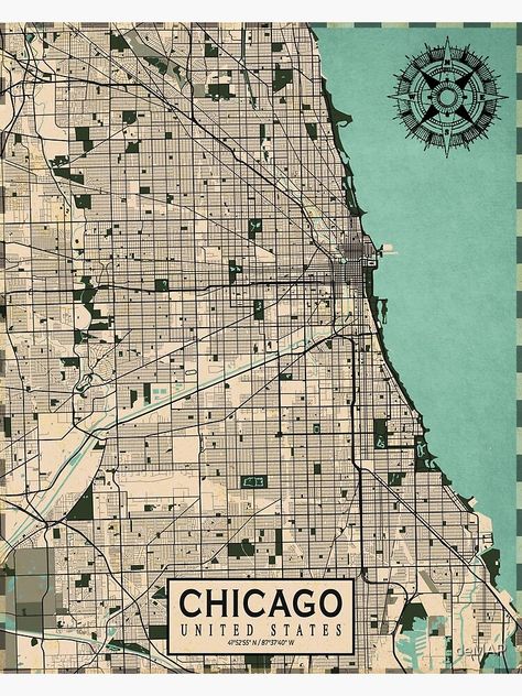 Seville Photography, Chicago Map Art, Chicago Graphic Design, Bored Ideas, Maps Aesthetic, Chicago Aesthetic, Map Of The United States, Chicago Poster, Retro Map