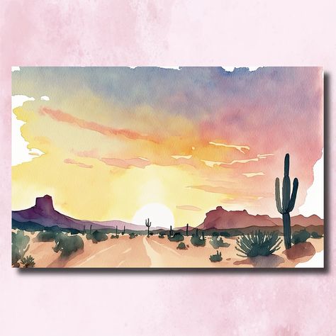 Experience the enchanting beauty of southwest decor with our Minimalist Sonoran Desert Sunset Cactus Wall Art Print. This captivating watercolor desert wall art showcases the iconic Sonoran desert landscape, featuring a majestic Saguaro cactus against a breathtaking sunset backdrop. With its vibrant colors and intricate details, this artwork captures the essence of the Southwest and brings a touch of nature-inspired beauty to your space. Perfect as an Arizona Poster gift or for adding a Southwestern Decor Canvas Print to your home, this sunset art is a true gem. Embrace the allure of the desert with our Desert Saguaro Cactus Sunset Wall Art Print and infuse your space with the warmth and spirit of the Southwest. Enhance your western decor with this stunning piece that celebrates the beauty Arizona Watercolor Paintings, Watercolor Arizona, Watercolor Desert Landscape, Cactus Watercolour, Watercolor Sunsets, Western Watercolor, Arizona Poster, Desert Watercolor, Sunset Cactus