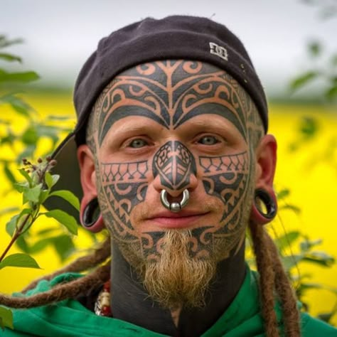 Tattoed Guys, Men's Piercings, Facial Tattoos, Full Body Tattoo, Facial Piercings, Face Tattoos, Body Adornment, Face Tattoo, Maori Tattoo