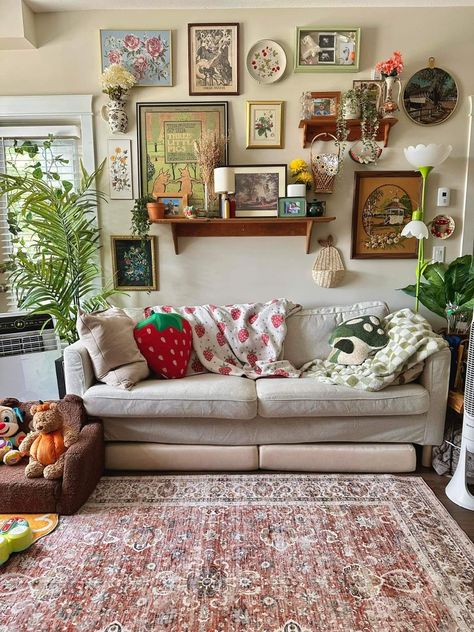 Different Style Living Rooms, Small Shelf Above Couch, Friends Aesthetic Apartment, Quirky Maximalist Decor, Maximalist Gallery Wall Living Room, Collage Wall With Shelves, Living Room Renter Friendly, Cozy Girly Living Room, Chic Cozy Living Room