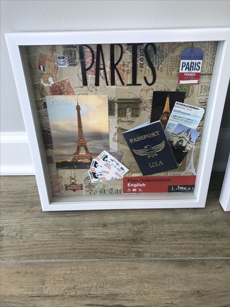 Diy Travel Decor, Travel Shadow Boxes, Diy Paris, Travel Room, Travel Wall Decor, Travel Collage, Travel Crafts, Travel Keepsakes, Travel Box