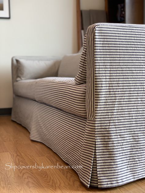 Stripped Couches Living Rooms, Pinstripe Couch, Ticking Stripe Sofa, Sofa Upholstery Ideas Fabrics, Stripe Couch, Striped Living Room, Stripe Sofa, Striped Couch, Waterfall Skirt