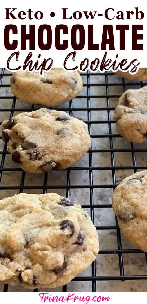 AMAZING Keto Chocolate Chip Cookies. Don’t believe me? I dare you to try them and NOT fall in love. Just don’t tell Grandma! These keto chocolate chip cookies are light and fluffy and almost melt in your mouth. I don’t like crispy chocolate chip cookies. I don’t know why. But I like just a hint of crispy around the edges, with a soft middle. | Trina Krug @trinakrug #ketochocolatechipcookies #chewychocolatechipketocookies #ketochocolatechipcookies #trinakrug Keto Chocolate Chip Cookies Recipe, Keto Chocolate Chip Cookie Recipe, Tahini Chocolate Chip Cookies, Ultimate Chocolate Chip Cookies, Low Carb Chocolate Chip Cookies, Almond Flour Chocolate Chip Cookies, Galletas Keto, Tahini Chocolate, Classic Chocolate Chip Cookies