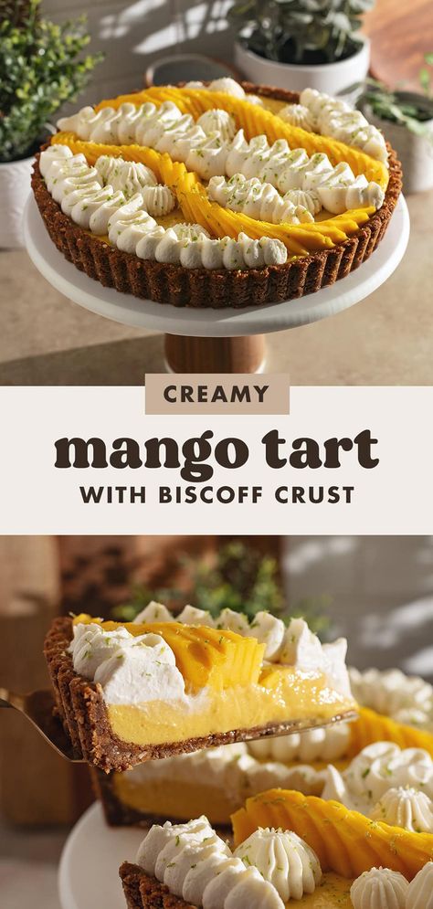 This tropical and delicious mango tart is made with a crunchy biscoff crust, creamy mango filling, and whipped cream and fresh mangoes on top. It's easy to make and perfect for mango season! Mango Tart Recipe, Mango Filling, Biscoff Crust, Mango Pie, Mango Tart, Tropical Desserts, Savoury Pies, Mango Dessert Recipes, Coconut Tart