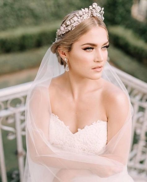 *Style 9703, starting at $907.50, [Maria Elena Headpieces](https://mariaelenaheadpieces.com.au/shop/product/maria-elena-headpieces-crown-mt-9703-copy/)* Bride Hairstyles With Veil, Bridal Veils And Headpieces, Floral Tiara, Bridal Braids, Bridal Tiaras, Bride Crown, Wedding Gown Styles, Maria Elena, Bride Tiara