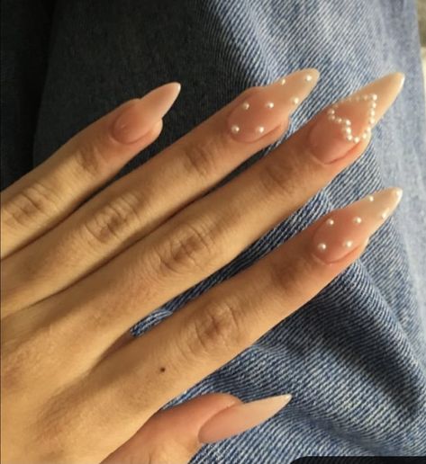 Blush Nails With Pearls, Pearl Gem Nail Designs, Pearls In Nails, Nails Inspiration Pearl, Nails With Heart Pearls, Hearts And Rhinestone Nails, Heart With Rhinestones Nails, Gel X Classy Nails, Heart Nails Rhinestones