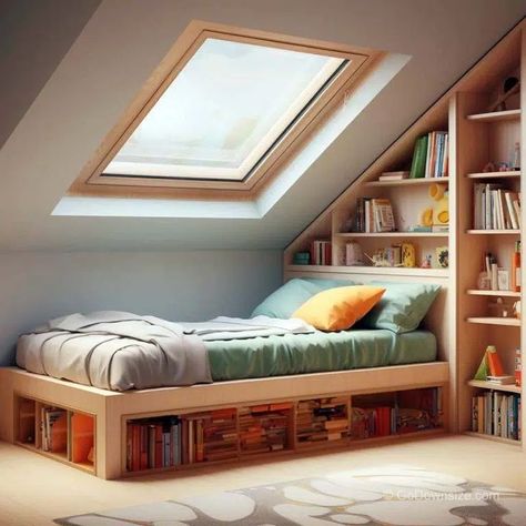 Now, here’s a small bedroom with a space-saving bed as it has under-bed book storage and built-in shelves on the side. One Room Apartment, Space Saving Beds, Attic Bedroom, Book Storage, Under Bed, Built In Shelves, Under Bed Storage, Apartment Room, Kids Storage