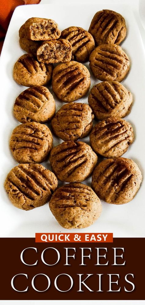 coffee cookies line up in white rectangular white platter. Coffee Ground Cookies, Expresso Cookies Recipes, Espresso Sugar Cookies, Cinnamon Coffee Cookies, Coffee Cookie Bars, Instant Coffee Cookies, Coffee Cake Cookies Crumbl, Healthy Coffee Cookies, Coffee Cookies Recipes Easy