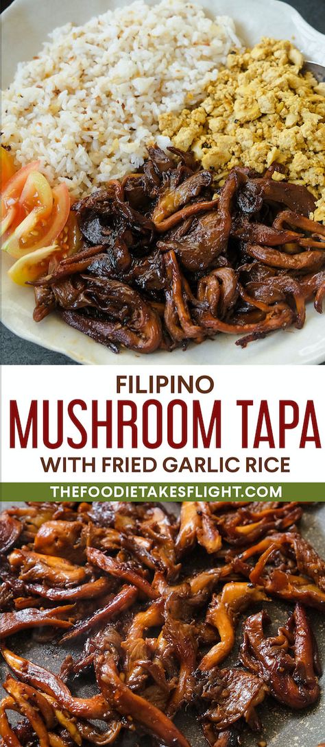 Vegan Mushroom Tapsilog (Filipino Mushroom Tapa) Mushroom Adobo Filipino, Filipino Recipes Vegetarian, Pioppino Mushrooms Recipe, Filipino Veggie Recipes, Mushroom Chinese Recipe, Bunapi Mushrooms Recipe, Mushroom Katsu, Vegan Filipino Recipes, Teriyaki Mushrooms