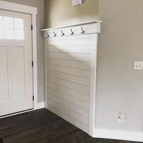 Black Shiplap Entryway, Shiplap Foyer Entryway, Shiplap Entry Wall, Decorating Airbnb, Shiplap Foyer, Entryway Shiplap, Shiplap Mudroom, Foyer Accent Wall, Decorate Airbnb