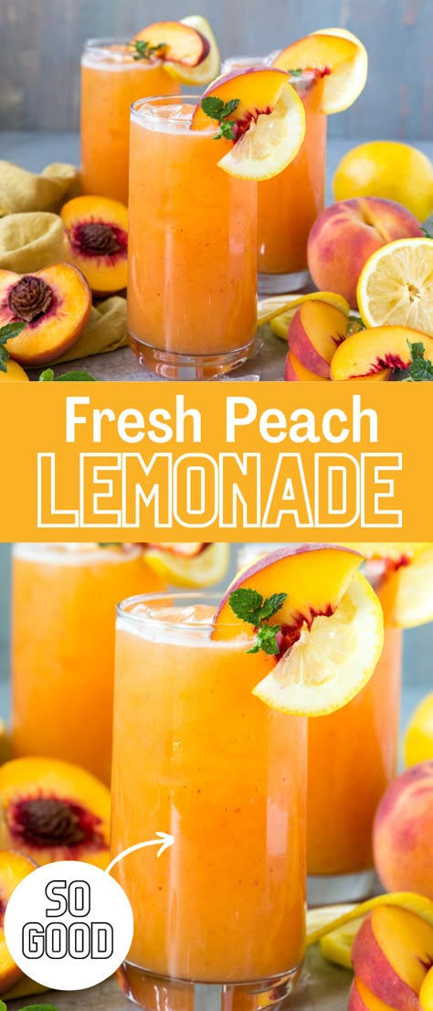 Fresh peach lemonade and easy summer drink made with just a few simple ingredients. Homemade Peach Lemonade, Homemade Drink Ideas, Tea And Lemonade Recipes, Refreshing Drinks Recipes Easy, Drinks Not Alcohol, Peach Punch Non Alcoholic, Diy Drinks Nonalcoholic, Unique Drinks Ideas, Healthy Beverages Recipes