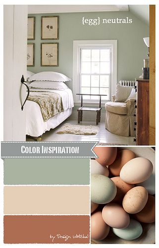 Read Full Story at designwotcha.com/design-basics/color-palette/farm-fresh-g... Neutral color palette, summer bedroom, egg inspired colors, green Interior Paint Colors Schemes, Green Farm, Color Paint, Bedroom Green, Remodel Bedroom, Paint Colors For Home, Benjamin Moore, Bedroom Colors, Farm Fresh