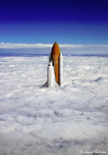 This fantastic -- or perhaps fantastical -- image of a space shuttle launching through the clouds has been getting a lot of comments on the social media circuits. But is it real? No, it is a composite of two different images put together by photographer Richard Silvera. "The picture of the sky and clouds was… Hubble Space Telescope, Space Shuttle, Solar Eclipse, Clouds Photography, Foto Tips, Space Nasa, Above The Clouds, Space Flight, Space Science