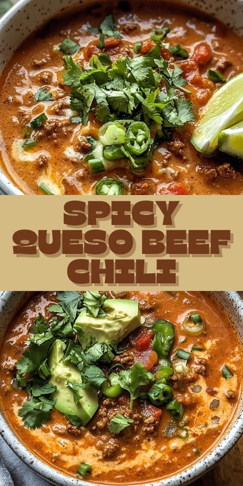 Craving something hearty and full of flavor? This Spicy Queso Beef Chili recipe is your perfect comfort food! Made with savory ground beef, spicy seasonings, and rich queso cheese, it’s a crowd-pleaser for game day, family dinners, or cozy nights in. 🌶️🍲 Pair it with cornbread or tortilla chips for the ultimate chili experience. Ready in under an hour, this easy chili recipe will become your new favorite! 😋 #SpicyChili #BeefChili #QuesoChili #ComfortFood #ChiliRecipe #DinnerIdeas Best Spicy Chili Recipe Award Winning, Hot And Spicy Chili Recipe, Spicy Chili No Beans, Beef And Jalapeno Recipes, Queso Chili Recipe, Spicy Sausage Chili, Chili Recipe Small Batch, Prime Rib Chili Recipes, Serrano Chili Recipes