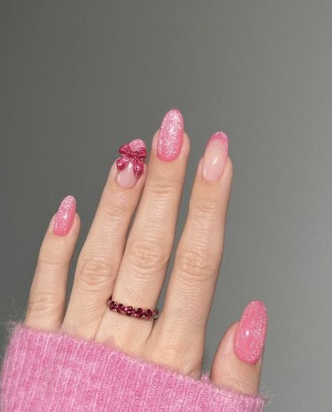 Pink Nails With Rainbow Design, Velvet Nails Pink, Bow Tie Nails Design, Pink Graduation Outfit, Aesthetic Birthday Nails, Pink Birthday Nail Designs, Bows On Nails, Pink Velvet Nails, Pink Nails With Bow