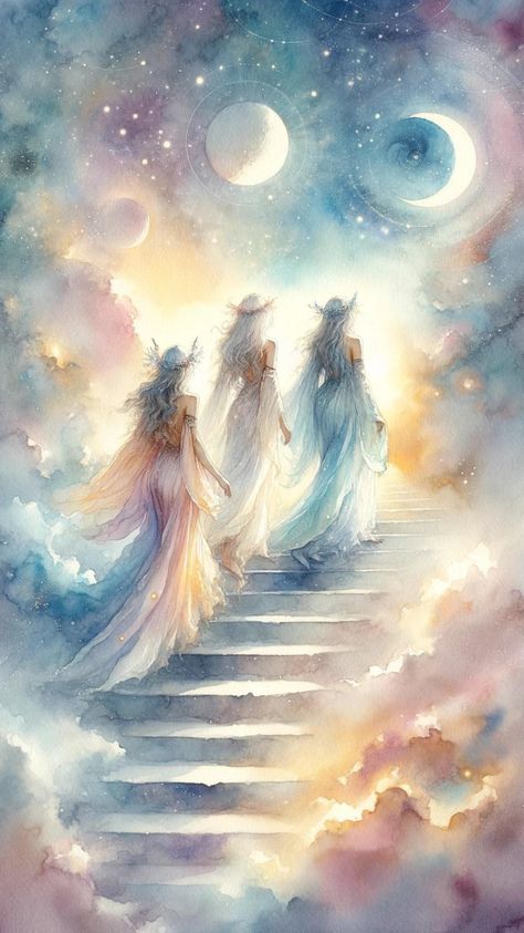 Envision priestesses ascending a celestial staircase, a mesmerizing scene symbolizing spiritual elevation and enlightenment. The image captures their graceful ascent towards a higher realm, embodying wisdom and serenity. This powerful representation is ideal for those inspired by mystical journeys, spiritual growth, and the quest for higher understanding. Angel Images Spiritual, 4th Dimension Art, Dimensions Art, Spiritual Elevation, Awsome Pictures, Colorful Floral Art, Butterfly Fairy Wings, Surreal Photos, Magical Art