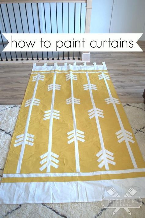 For color with serious hold, mix two parts paint and one part textile medium. Then, use painters tape to create a pattern and cover it all up with your yellow formula. Once everything dries, just peel the tape off to reveal your masterpiece. See more at Interiors by Kenz »   - HouseBeautiful.com Paint Curtains, Cloth Curtains, Painted Curtains, Ikea Curtains, Yellow Curtains, Drop Cloth Curtains, Farmhouse Curtains, Rustic Curtains, Interior Painting