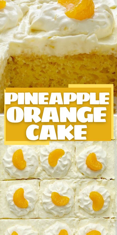 Easy pineapple orange cake that starts with a cake mix. Super moist thanks to the mandarin oranges inside the cake. Topped with a pineapple whipped pudding frosting. Pineapple Mandarin Cake, Orange And Pineapple Cake, Pineapple Mandarin Orange Cake Cool Whip, Mandarine Orange Cake, Canned Mandarin Oranges Recipes Desserts, Pineapple Dream Cake Recipe, Orange Dream Cake Recipe, Mandarins Orange Cake, Yellow Cake Mix Recipes Pineapple Mandarin Oranges