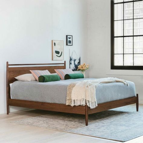 Fit for a King & Queen: Restful Ideas for a Modern Bedroom | Articulate Article Bed, Mid Century Modern Bedroom Furniture, Mid Century Bed, Mid Century Modern Bed, Walnut Bed, Modern Beds, Article Furniture, Modern Bed Frame, Mid Century Modern Bedroom