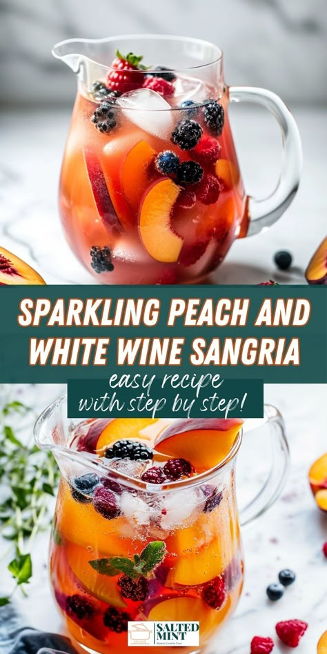 Elevate your brunch game with a simple, yet sophisticated Peach Sangria. Fresh white peaches soaked in white wine, topped off with sparkling champagne or prosecco, make every sip a celebration. Ideal for Mother's Day or as a refreshing treat for any occasion. Mother’s Day Sangria, Sangria With Champagne, Sangria With Prosecco, Easy White Sangria Recipe, Champagne Sangria, Prosecco Drinks, White Peach Sangria, White Sangria Recipe, Bartender Drinks Recipes