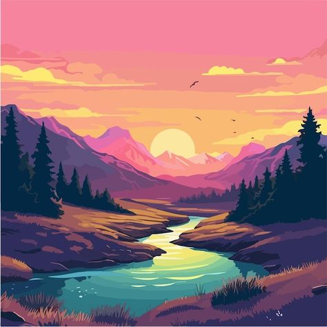 Vector a painting of a river in a mounta... | Premium Vector #Freepik #vector #vector-illustration #nature-background #landscape-vector #lowpoly Vector Landscape Wallpaper, Mountain Sunset Illustration, River Vector Illustration, Landscape Vector Art, Mountain River Illustration, Mountains With River, Sunset Vector Illustration, Land Illustration, Land Background