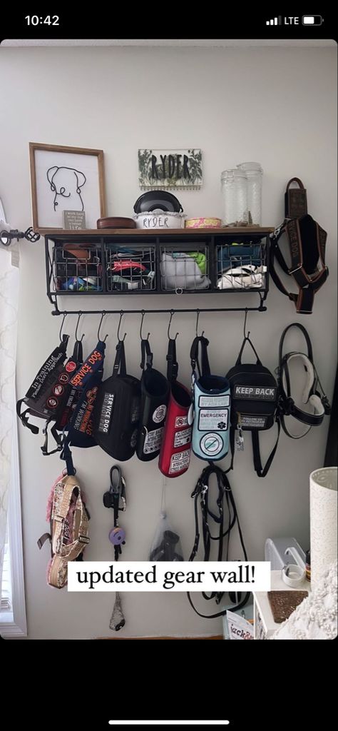 Dog Wall Organization, Dog Harness Organization, Service Dog Organization, Dog Collar Storage Ideas, Dog Harness Storage, Dog Equipment Storage, Working Dog Gear, Service Dog Gear Organization, Dog Training Room Ideas