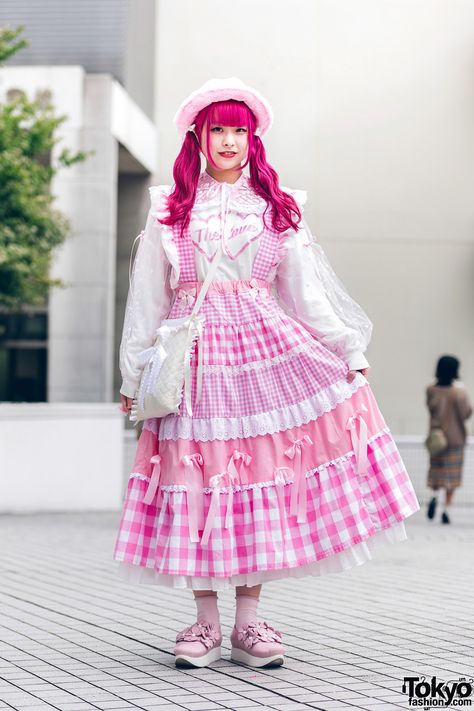 Pink Handmade Kawaii Japanese Street Style w/ Tulle Blouse, Gingham Pinafore, Quilted Bag, Fuzzy Hat, WC & Tokyo Bopper Pink Street Style, Japanese Street Style, Japanese Student, Bunka Fashion College, Fuzzy Hat, Gingham Outfit, Tulle Blouse, Harajuku Japan, Pink Street