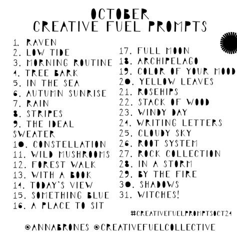 October Creative Prompts Easy Art Prompts, Art Therapy Prompts, Collage Prompts, October Poem, Fantasy Inspo, Creative Prompts, Prompt List, Photo A Day Challenge, Morning Pages