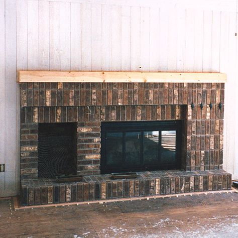 Before: Bland and Bulky Asymmetrical Fireplaces, Off Center Fireplace, Mid Century Fireplace, Fireplace Makeovers, Brick Fireplace Wall, White Brick Fireplace, Simple Fireplace, Cottage Fireplace, Fireplace Update