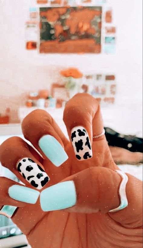 Cow, Nail Polish, Nails, Blue, White