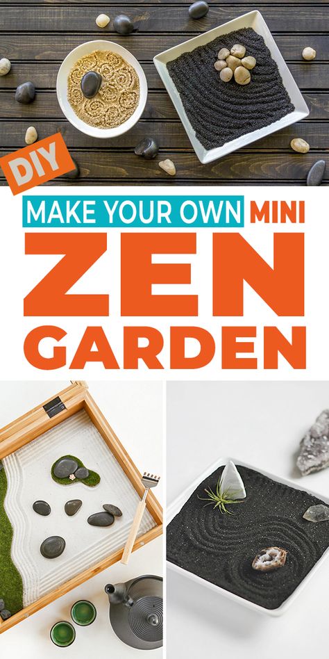 Need to de-stress? Make one of these DIY mini zen gardens! Super easy DIY projects and these zen gardens make great gifts too! garden ideas, indoor garden ideas, meditation, relaxing, DIY project Homemade Zen Garden, Zen Garden Diy Miniature, Tabletop Zen Garden Diy, Diy Zen Garden Mini, Small Zen Garden Ideas Outdoor, Mini Zen Garden Diy, Mini Zen Garden Design, Mini Zen Garden Ideas, Office Zen Garden