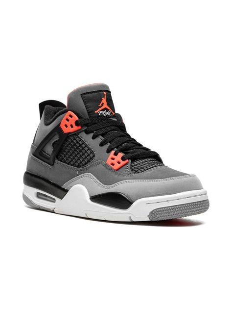 Air Jordan 4 sneakers from Jordan Kids featuring grey, black, leather, signature Jumpman motif, contrasting panel detail, round toe, front lace-up fastening, logo patch at the tongue, branded insole and rubber sole. These styles are supplied by a premium sneaker marketplace. Stocking only the most sought-after footwear, they source and curate some of the most hard to find sneakers from around the world.. | Jordan Kids Air Jordan 4 sneakers Jordan 4 Infared, Skor Sneakers Nike, Kids Air Jordan, Skor Sneakers, Dr Shoes, Trendy Shoes Sneakers, Preppy Shoes, Nike Shoes Girls, Jordan Shoes Girls