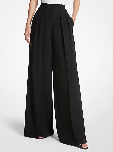 These wide-leg trousers make a powerful style statement. Crafted from double crepe sablé they’re designed to sit high on the waist and feature a softly pleated wide-leg shape that feels at once relaxed and refined. Style them with a simple bodysuit or a chunky sweater to create an undeniably chic ensemble. Made in Italy. Wool Wide Leg Pants, Women Bottom Wear, Wide Leg Pants For Women, Crepe Pants Outfit, Pleated Wide Leg Pants Outfit, Wide Leg Trousers Outfit Classy, Wide Dress Pants, Pleated Trousers Outfit, Formal Trousers Women