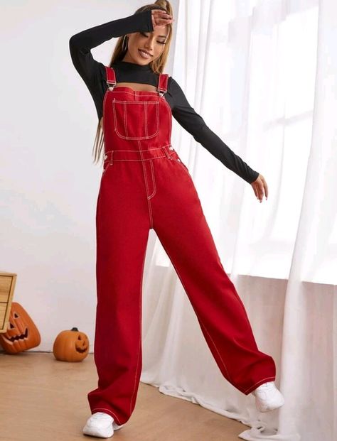 Red Coveralls Women, Red Dungarees Outfit, Red Overalls Outfits, Cherry Overalls, Overalls Outfit Aesthetic, Bold Colors Outfits, Red Tube Top, Bright Colored Outfits, Black Denim Overalls