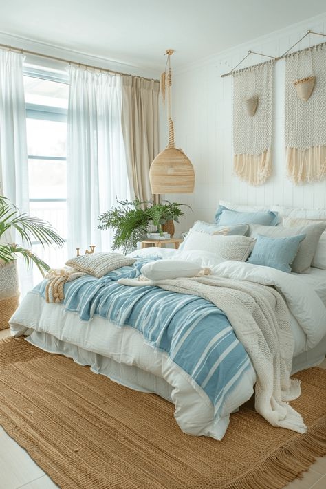 Beach Aesthetic Bedroom, Light Blue Boho Bedroom, Blue Boho Bedroom Ideas, Blue Boho Bedroom, Fall Kawaii, Costal Bedroom, Surf Room Decor, Light Blue Bedroom, Beach Room Decor