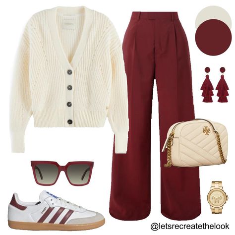 Burgundy Trousers - 10 Outfit Ideas 🐙 Here are 10 more colors that pair well with burgundy! Which is your favorite? As fall approaches it’s time to break out our sweaters. Instead of just pairing them with jeans, here’s a reminder that wide leg trousers are a more elevated option but just as comfortable! So for an elevated casual look, try pairing your sweaters with your trousers! You can still wear your sneakers with them! 😉 So save this post for style inspiration and look in your closet to... Burgundy Wide Leg Trousers Outfit, Burgundy Trouser Outfit Women, Dark Red Jeans Outfit, Red Pants Outfit Fall, Burgundy Work Pants Outfit, Styling Burgundy Pants, What To Wear With Red Shoes, Burgandy Pants Outfits Work, Red Trouser Outfit Women