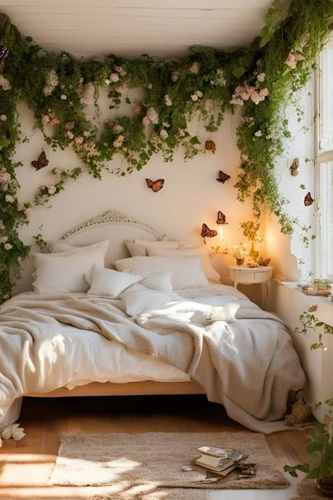 Fairy Like Room Decor, Fairy Tail Room Ideas, Small Room Fairycore, Fairycore Home Aesthetic, Fairy Aesthetic Apartment, Fairytale Room Ideas, Adult Fairy Bedroom, Hanging Flowers Bedroom, Fairy Garden Room Ideas Bedrooms